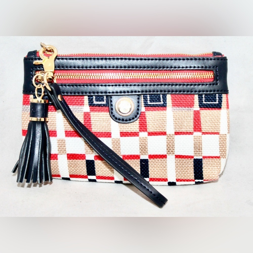 SPARTINA Quarterdeck Tassel Wristlet Tan Navy Blue Multi Linen Leather Gold